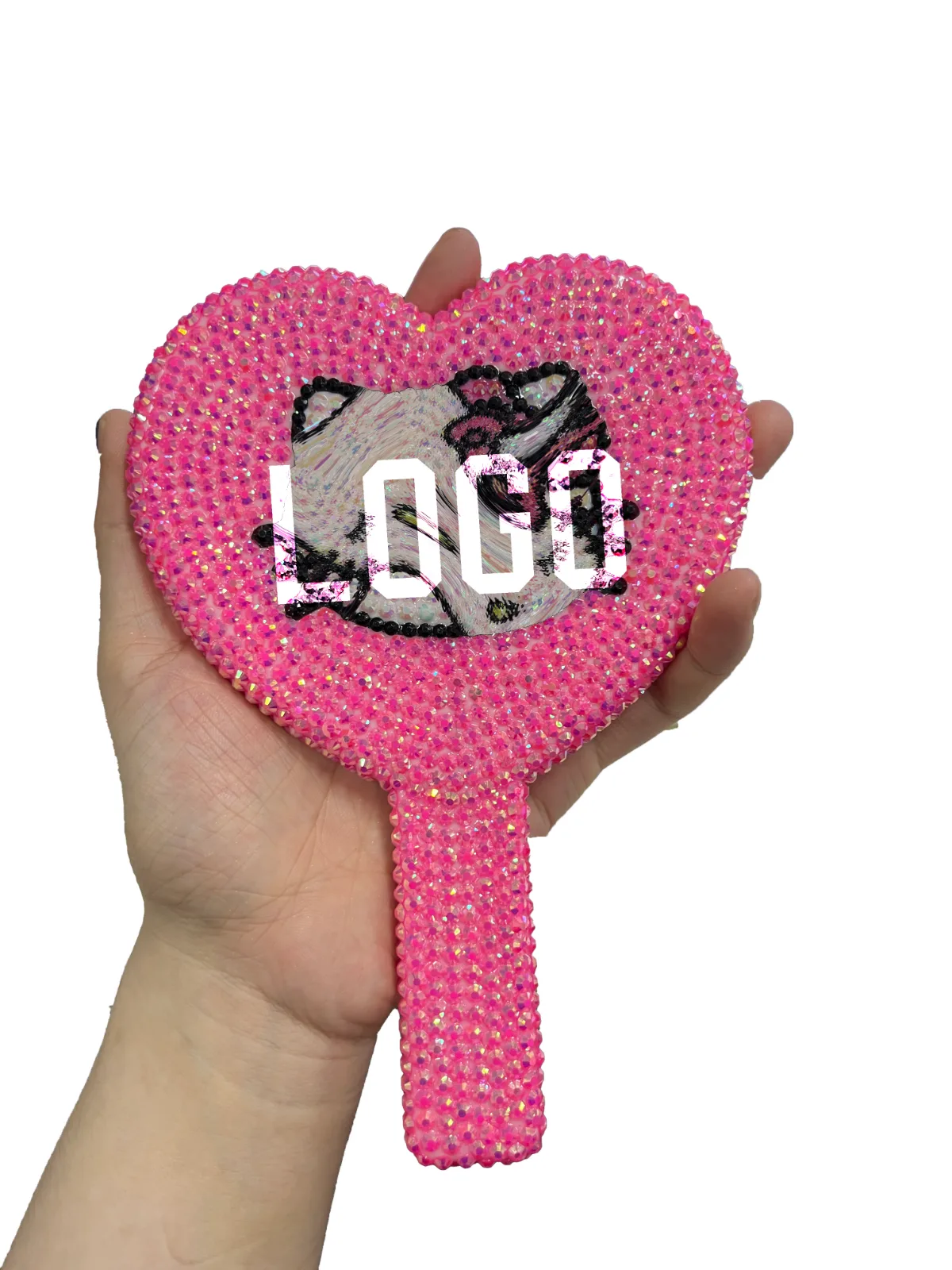 Pink heart-shaped rhinestone mirror with a custom graphic design