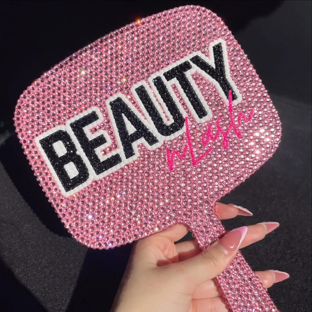 Pink square rhinestone hand mirror with custom script lettering