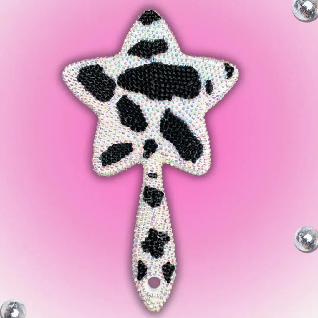 Cow-print star-shaped rhinestone hand mirror