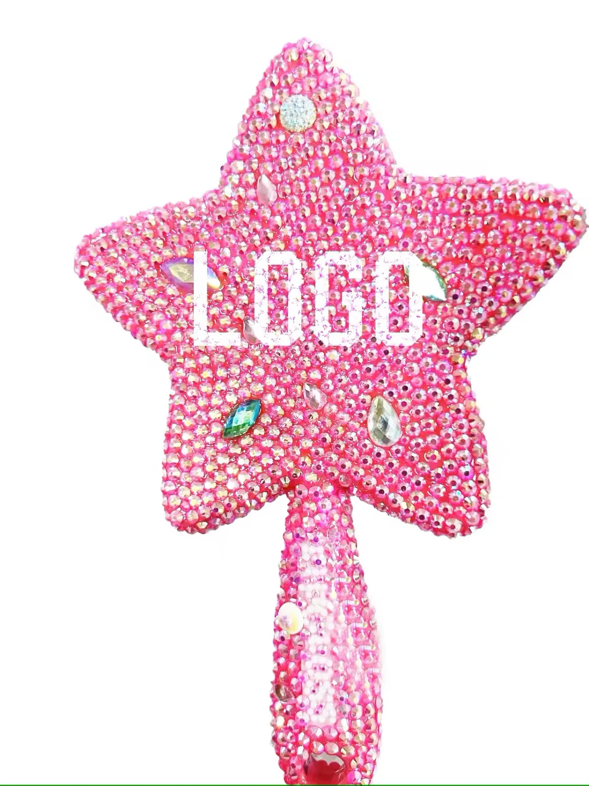 Pink star-shaped rhinestone mirror with a custom logo area