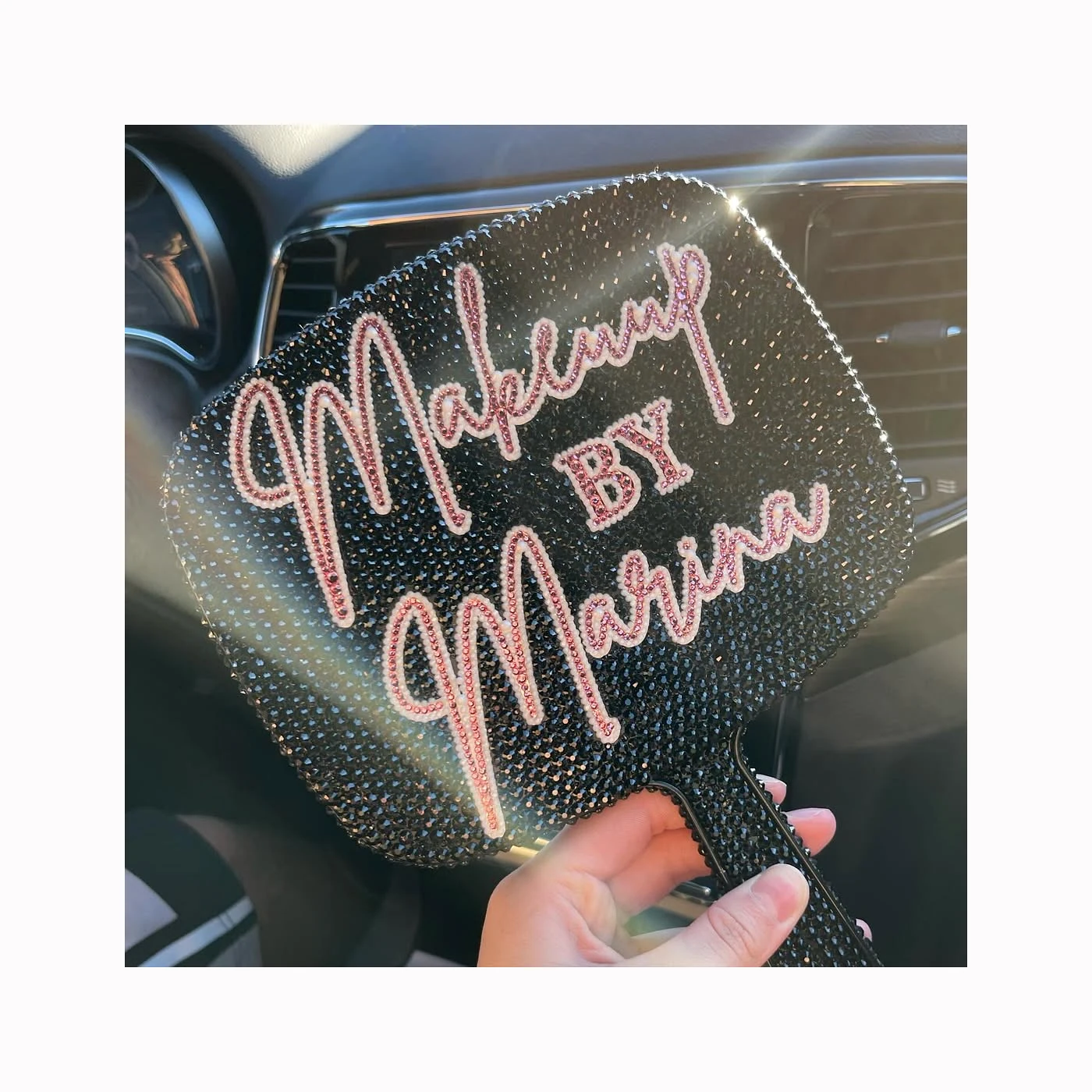 Custom Script Black Rhinestone Mirror