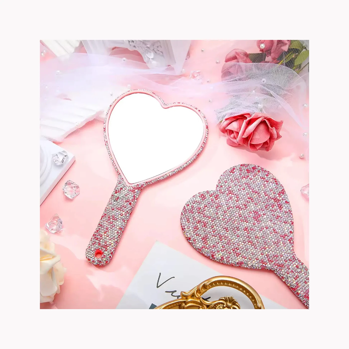 Pink Heart Rhinestone Mirror
