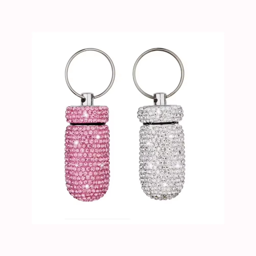 Mini Metal Crystal Pill Box Keychain