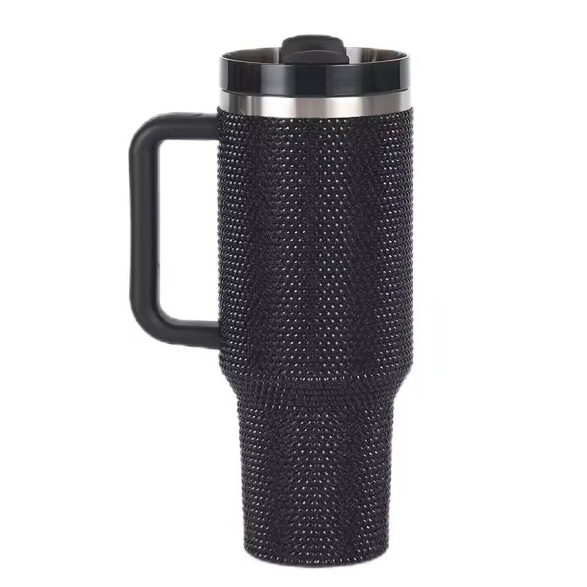Black handled 40oz tumbler with full rhinestone surface