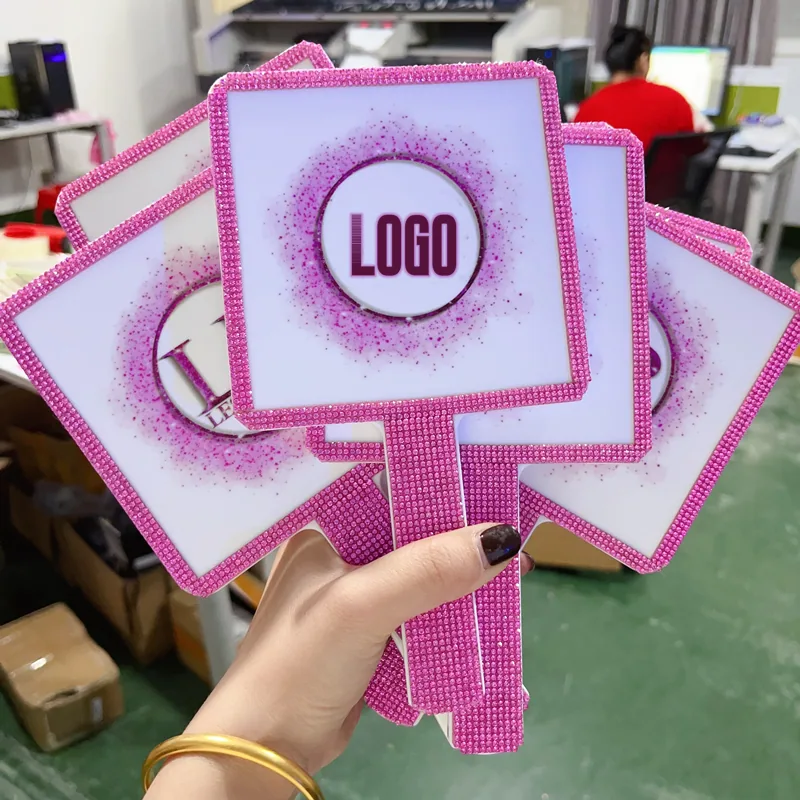 Pink square hand mirror with custom logo and rhinestone handle