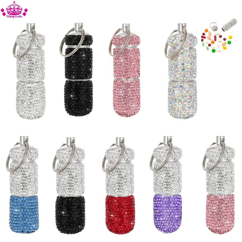 Pink and silver mini metal rhinestone pill box keychains