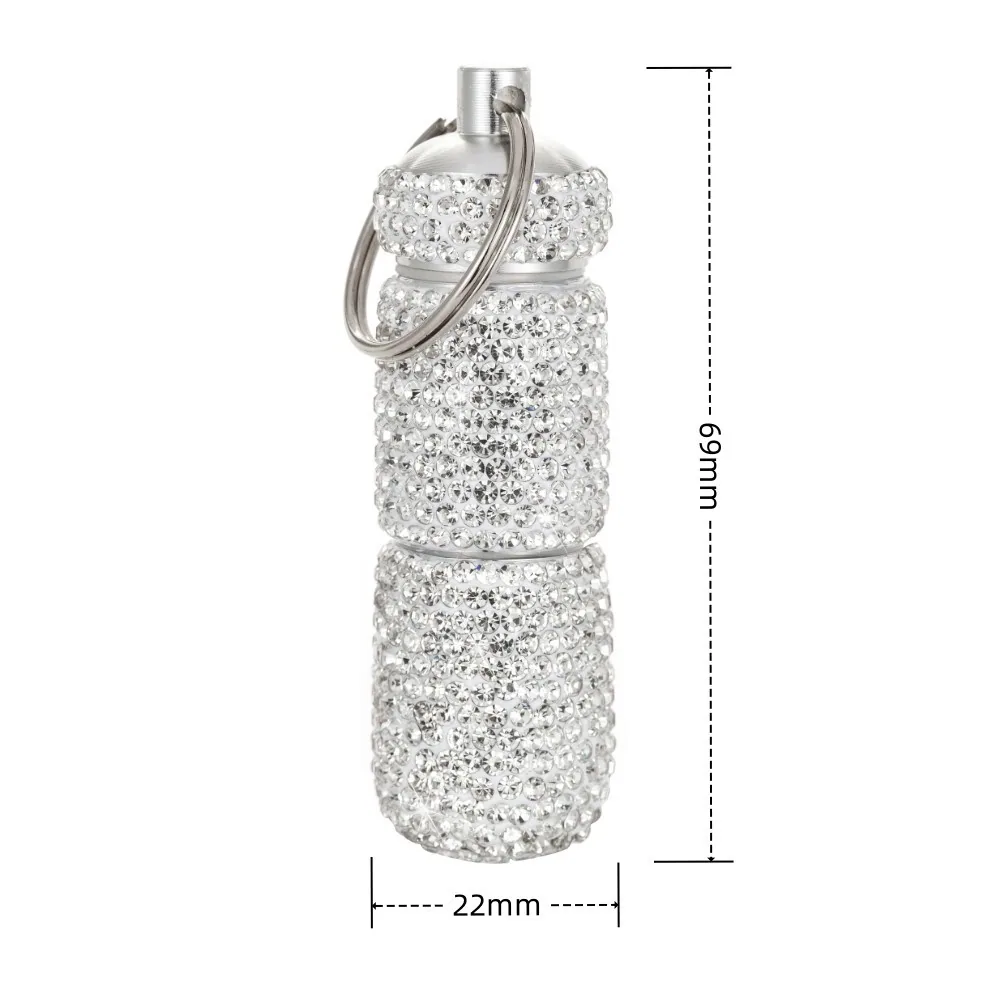 Silver rhinestone pill box keychain with product dimensions