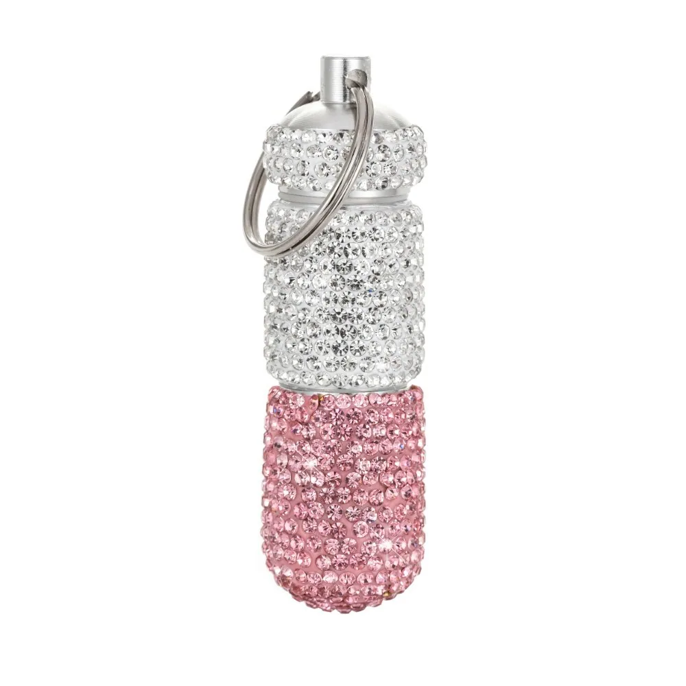 Silver and pink rhinestone pill box keychain color options