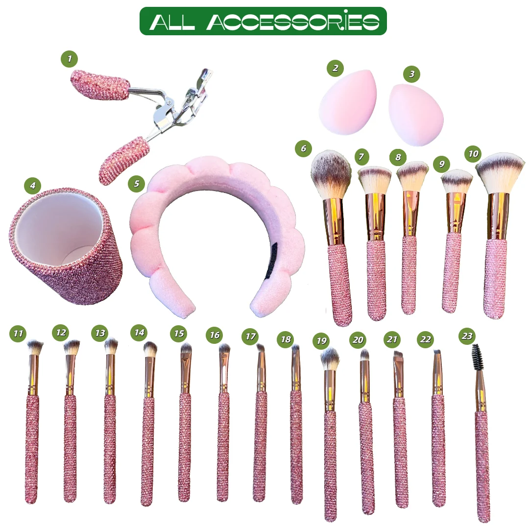 Pink rhinestone makeup brush gift set with coordinating accessories