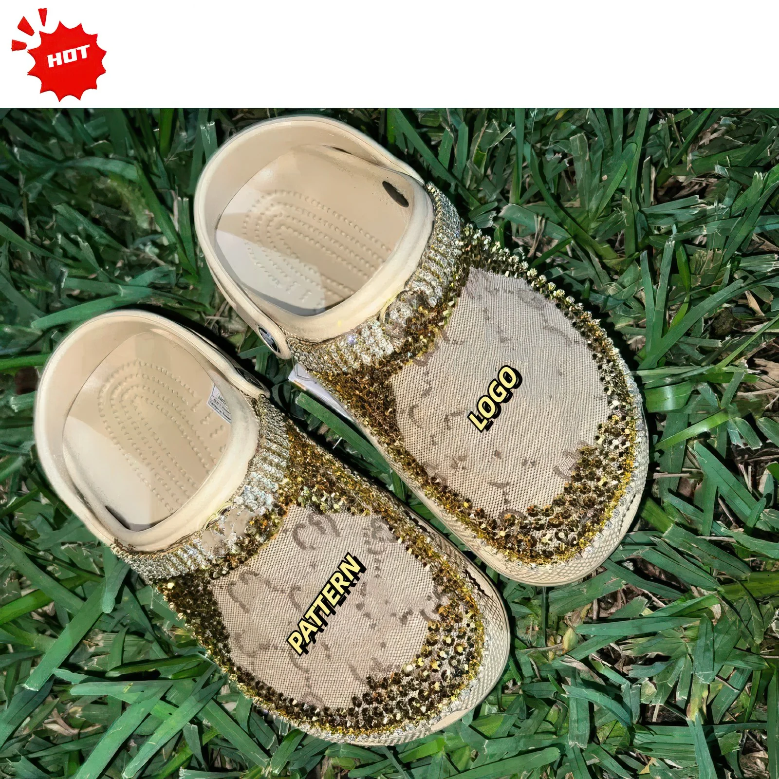 Rhinestone bling clogs with a patterned upper