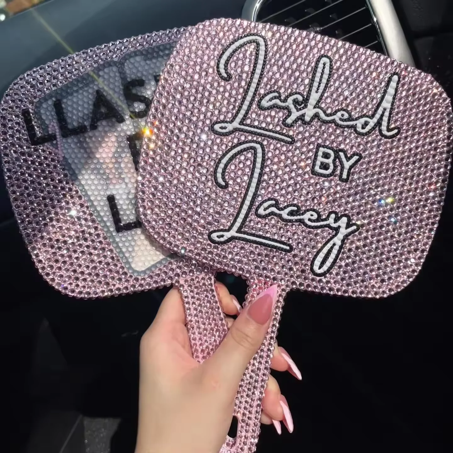 Pink rectangular rhinestone hand mirror with a custom graphic