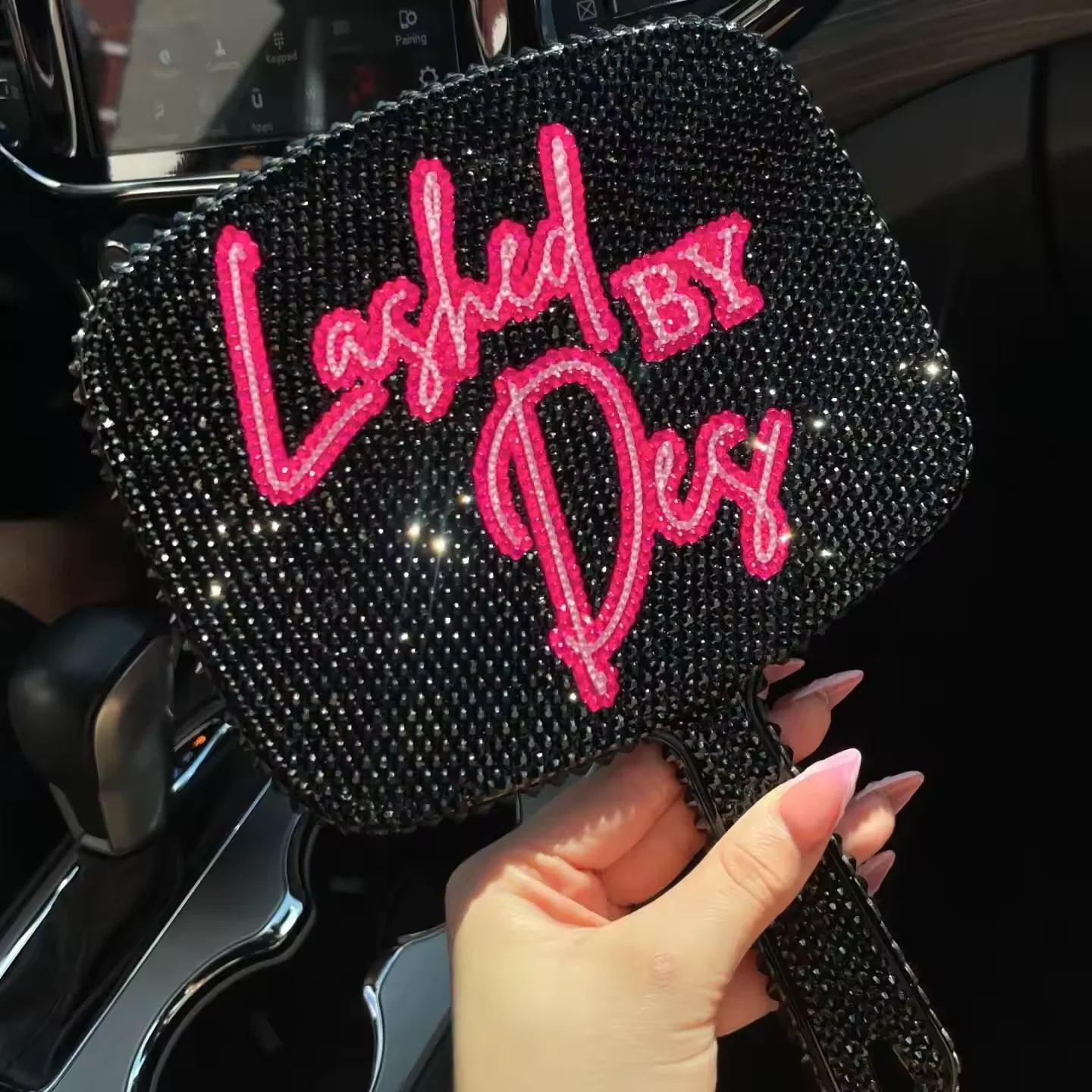 Black rectangular rhinestone hand mirror with custom lettering