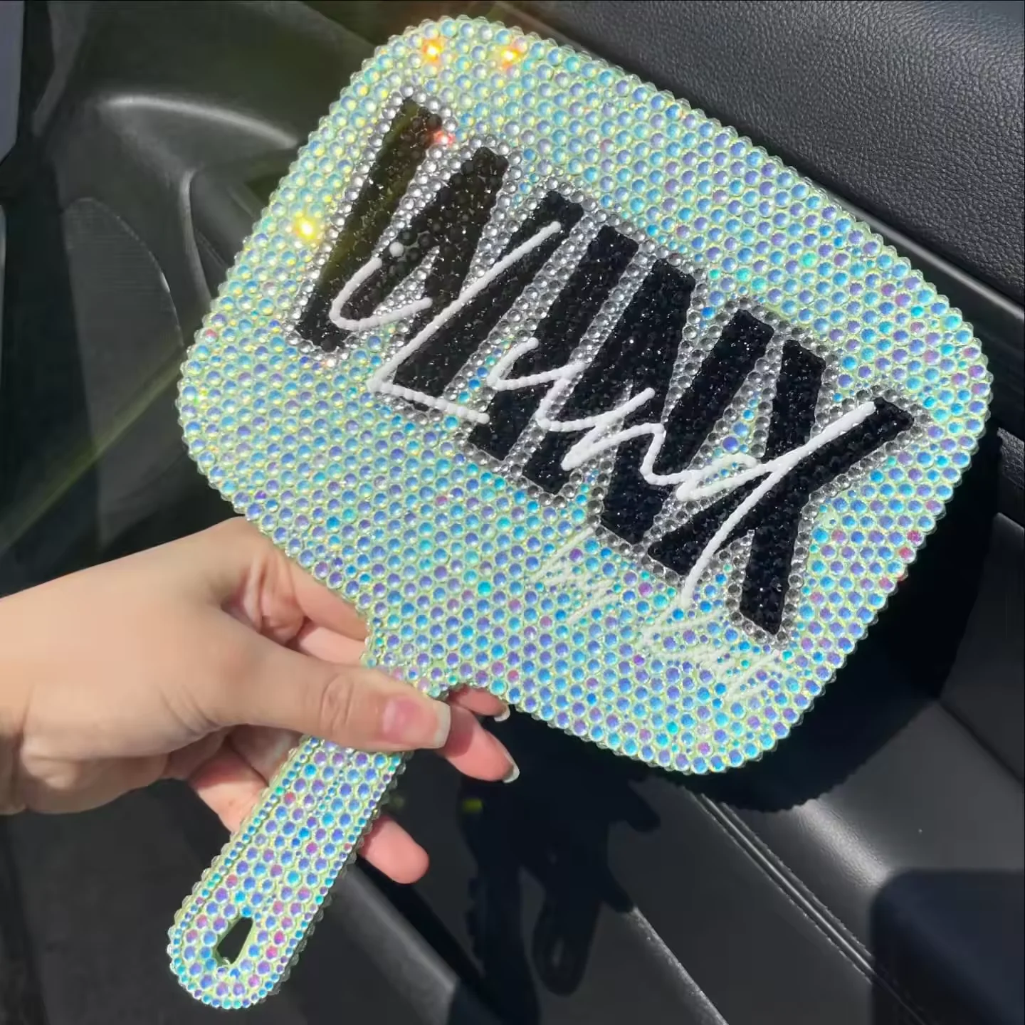 Iridescent rectangular rhinestone hand mirror with a custom logo