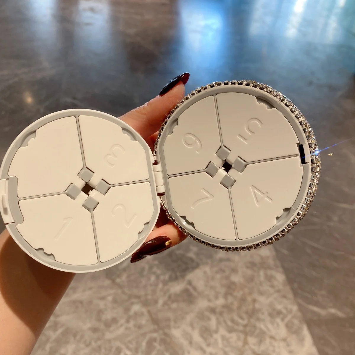 Crystal seven-day pill organizer opened from above